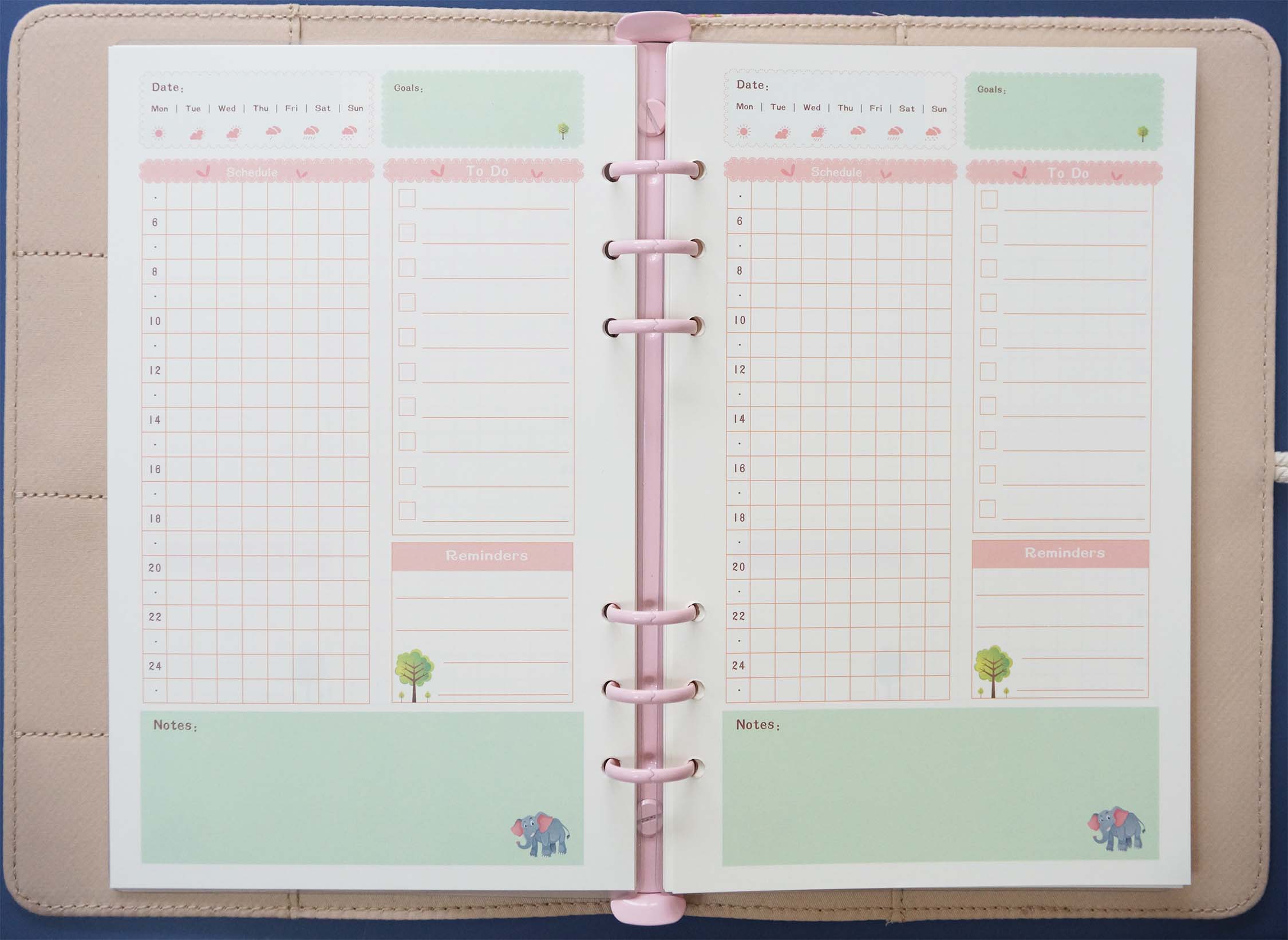 Daily Schedule A5 Printed Planner Inserts, 6Hole Punch, 45 Sheets (90