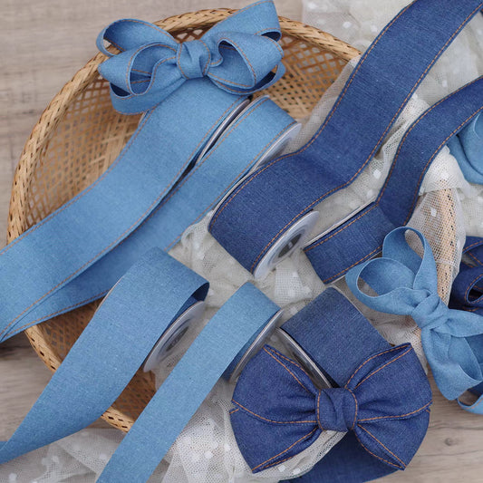 Stitched Blue Denim Ribbon – Multiple Widths