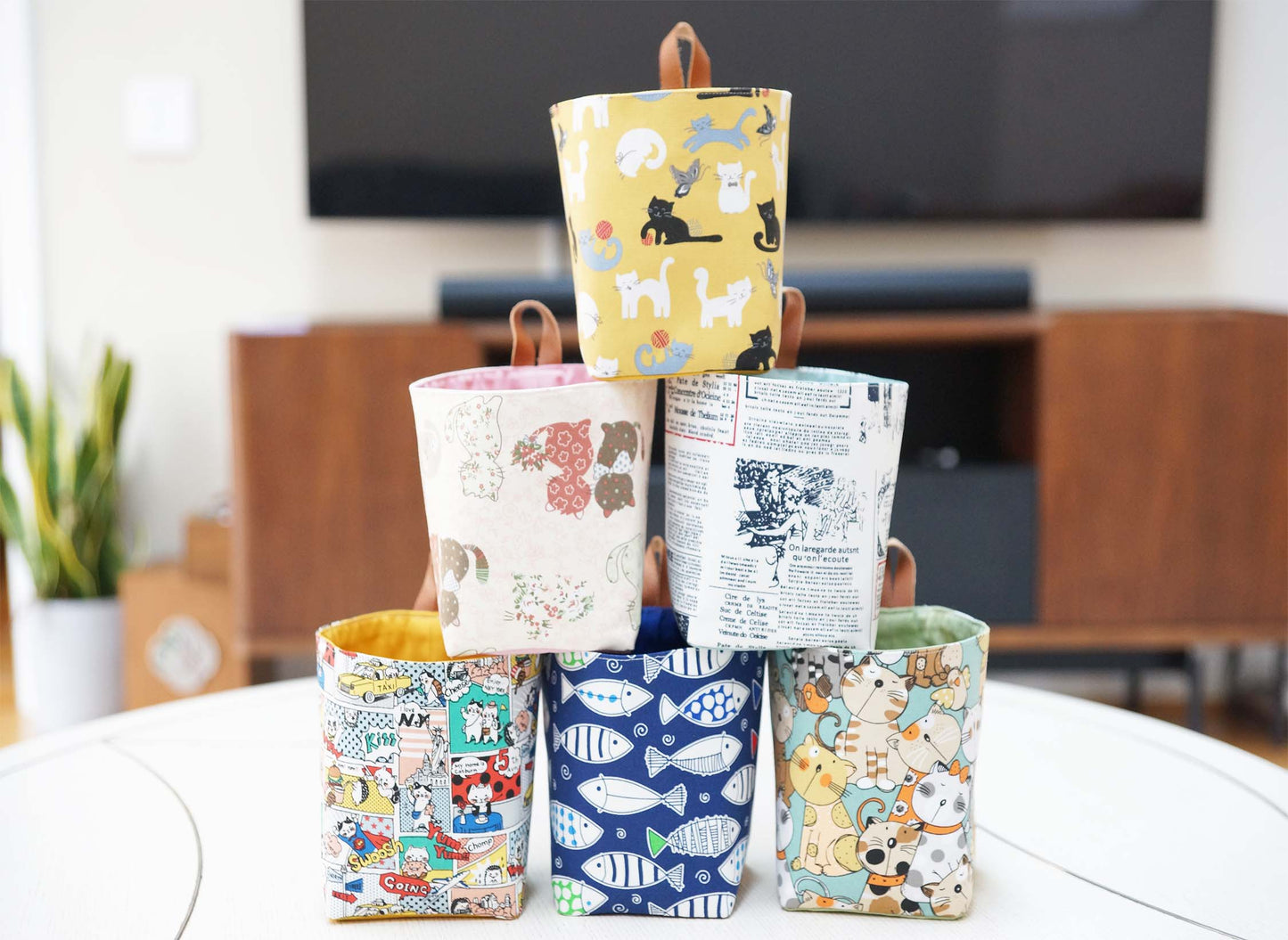 Curious Cats Fabric Basket with Leather Hang Loop