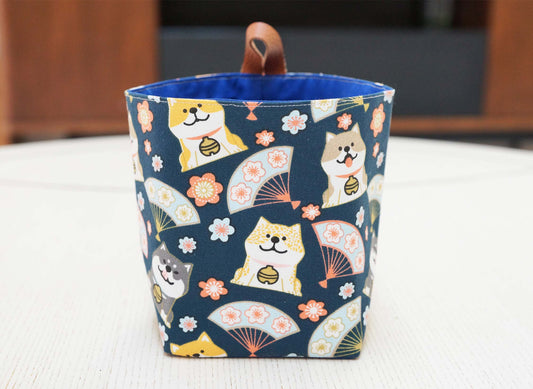 Akita and Fan Fabric Basket with Leather Hang Loop