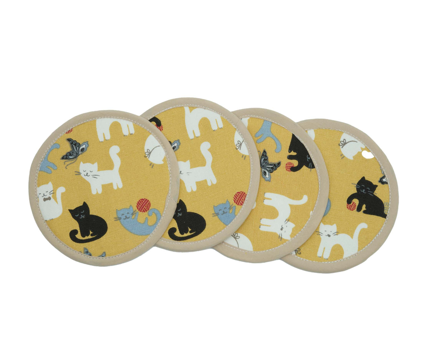 Playing Cats Round Fabric Coasters Set