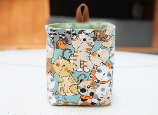 Curious Cats Fabric Basket with Leather Hang Loop