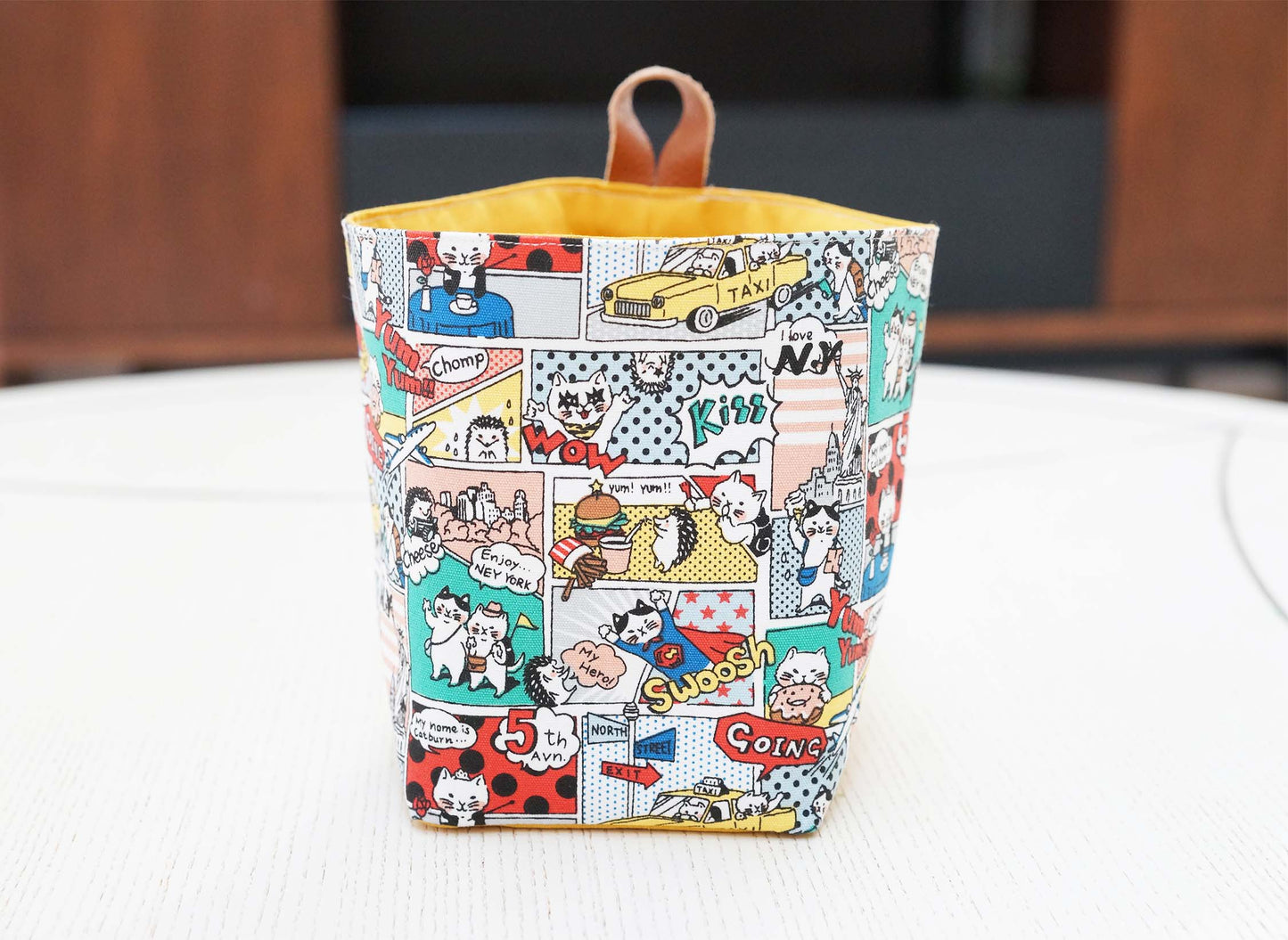 Cartoon Cats Fabric Basket with Leather Hang Loop