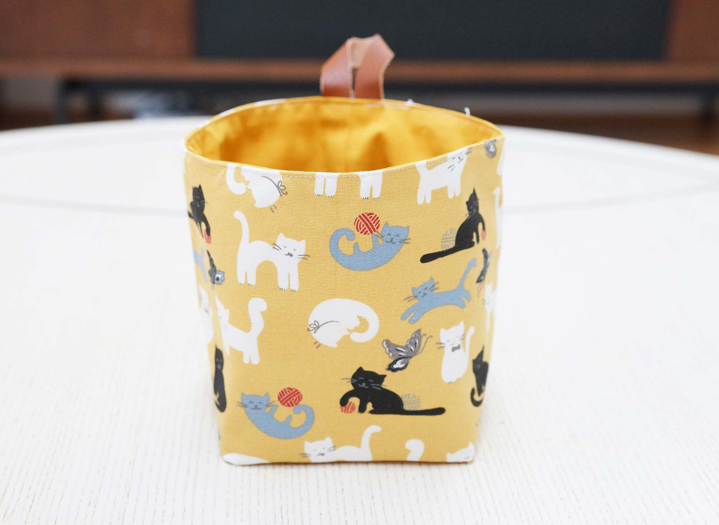 Playing Cats Fabric Basket with Leather Hang Loop