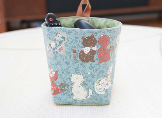 Blue Cats Fabric Basket with Leather Hang Loop