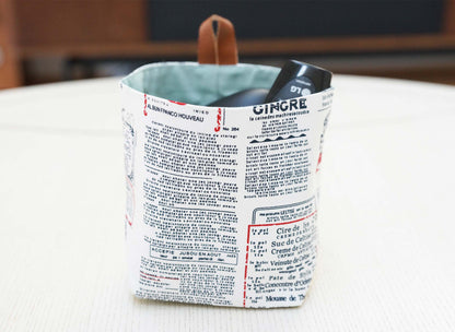 Newspaper Words Fabric Basket with Leather Hang Loop