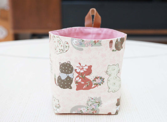 Pink Cats Fabric Basket with Leather Hang Loop