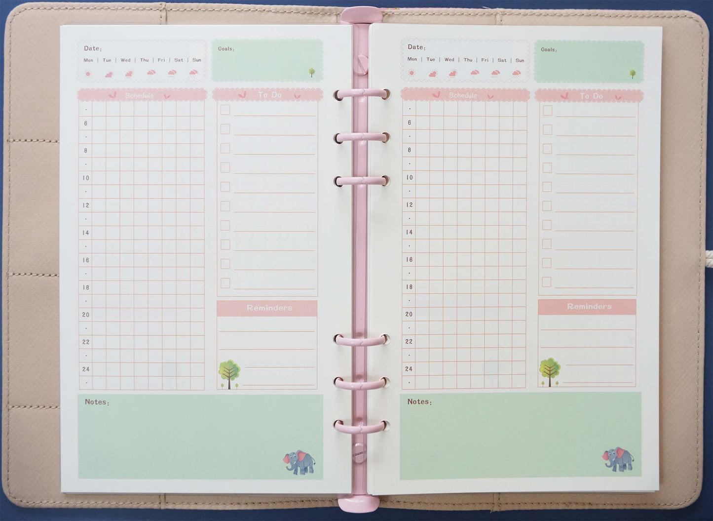 Daily Schedule A5 Printed Planner Inserts, 6-Hole Punch, 45 Sheets (90 pgs)