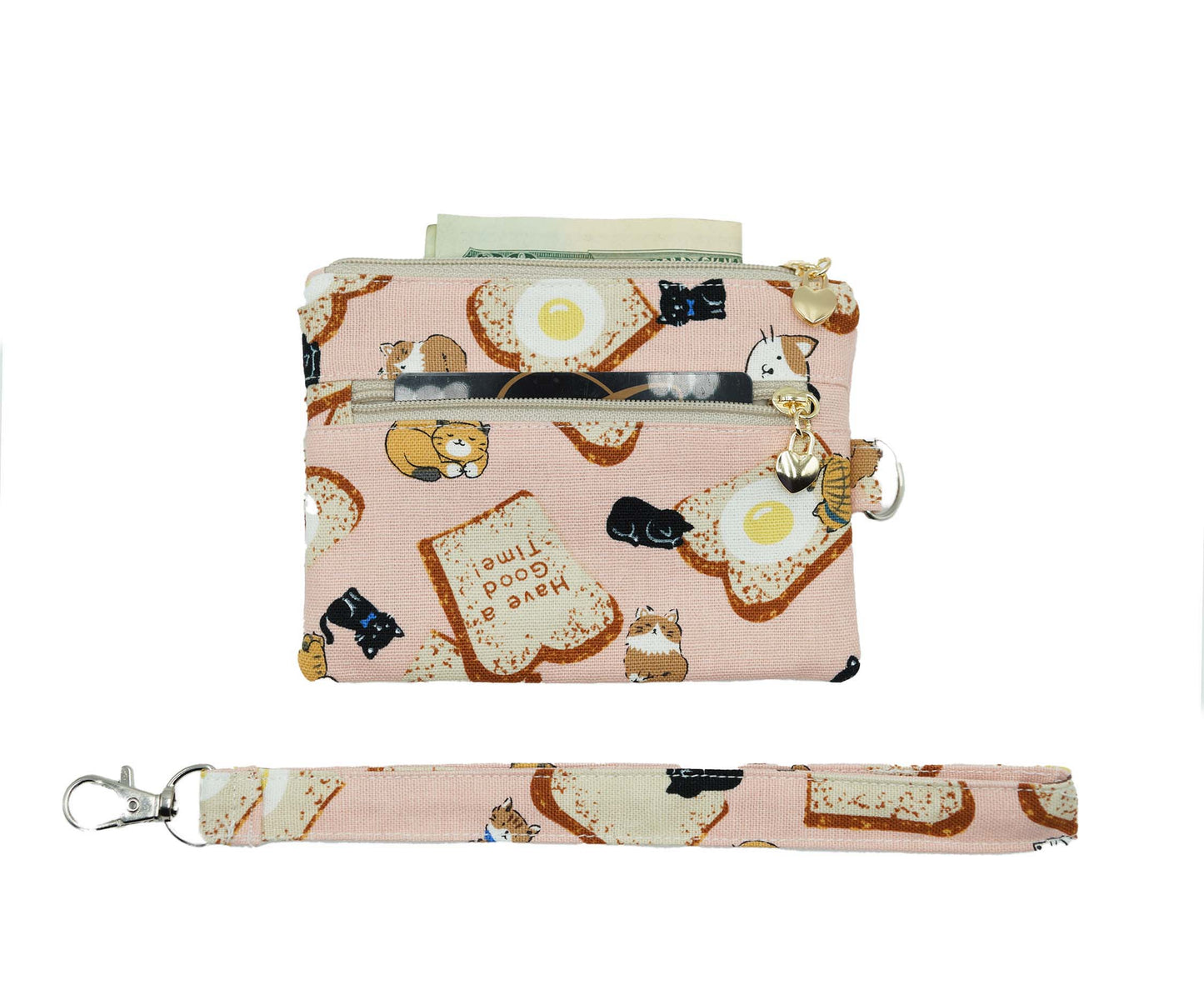 Cats and Bread Coin Pouch, Double Zipper Wallet, Purse for ID Cards