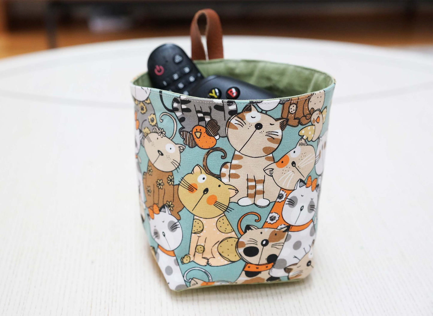 Curious Cats Fabric Basket with Leather Hang Loop