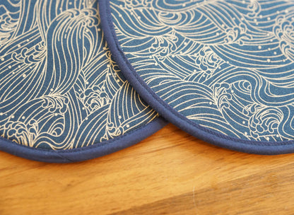 Japanese Indigo Ukiyo-e Trivet, Round Fabric Potholder