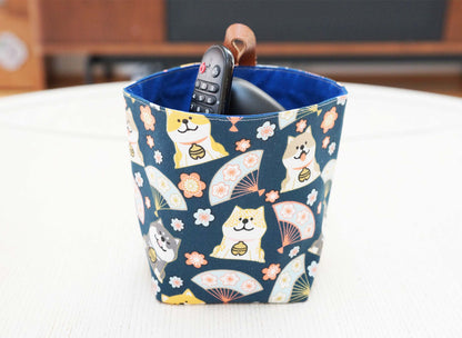 Akita and Fan Fabric Basket with Leather Hang Loop