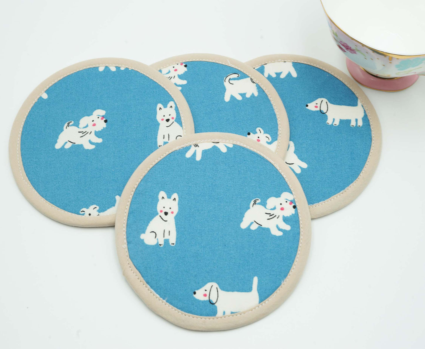 Shy Dog Round Fabric Coasters Set