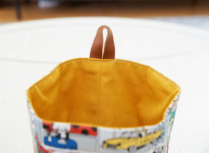 Cartoon Cats Fabric Basket with Leather Hang Loop