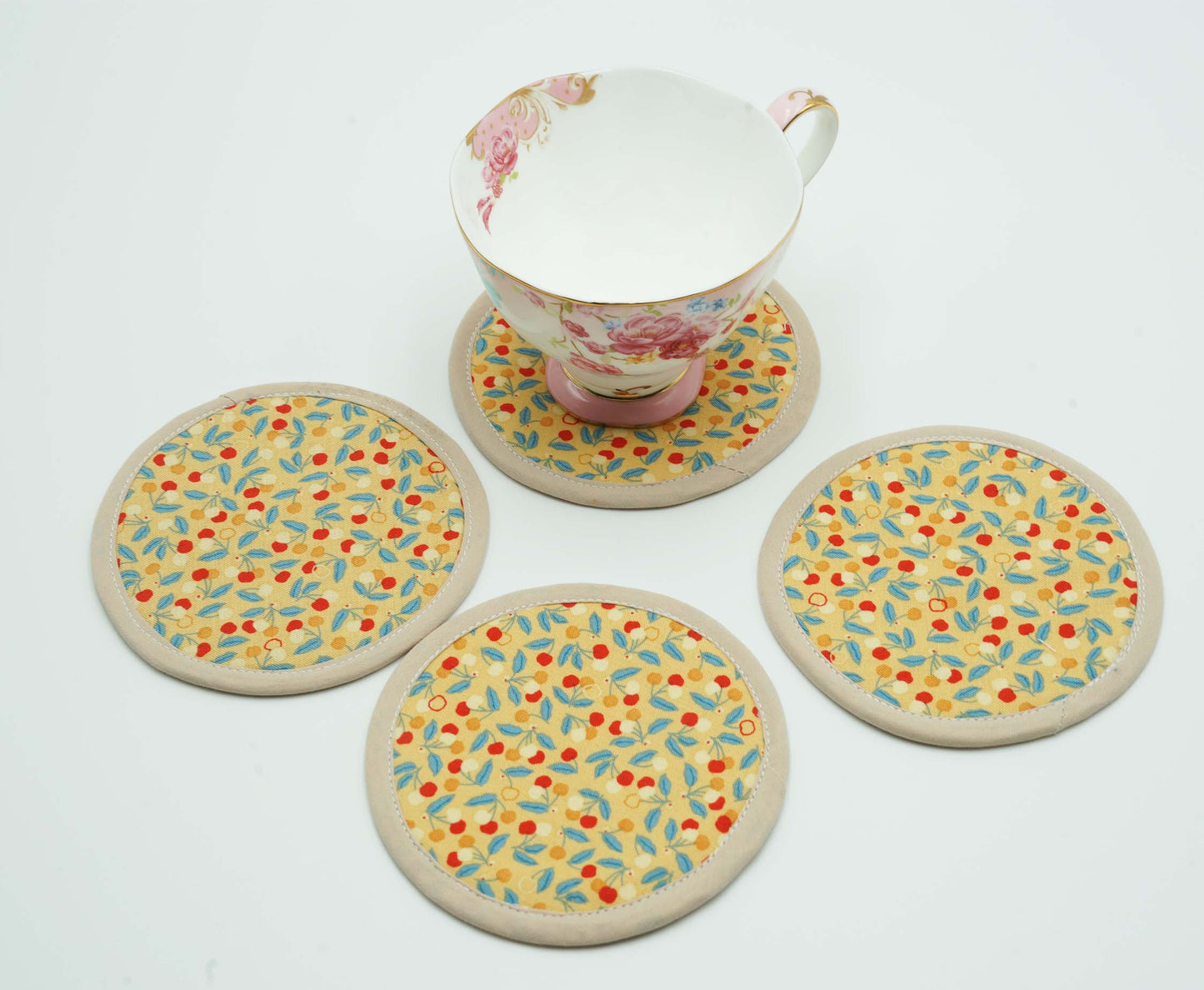 Cherry Bijou Round Fabric Coasters Set