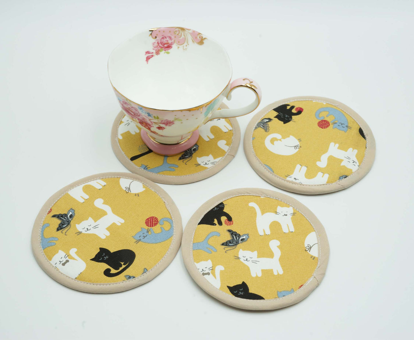 Playing Cats Round Fabric Coasters Set