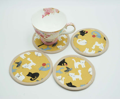 Playing Cats Round Fabric Coasters Set