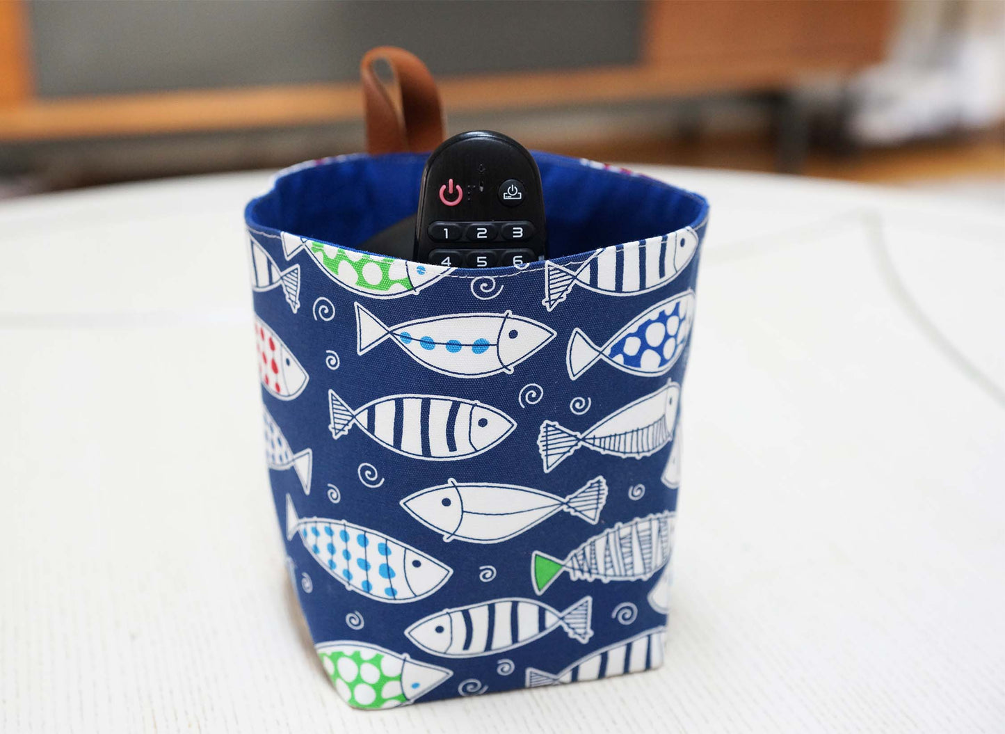 Fish Market Fabric Basket with Leather Hang Loop