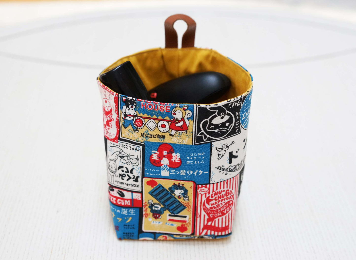 Japanese Cartoon Fabric Basket with Leather Hang Loop