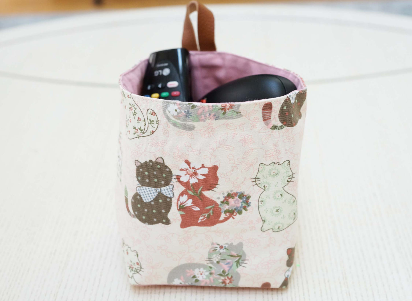 Pink Cats Fabric Basket with Leather Hang Loop