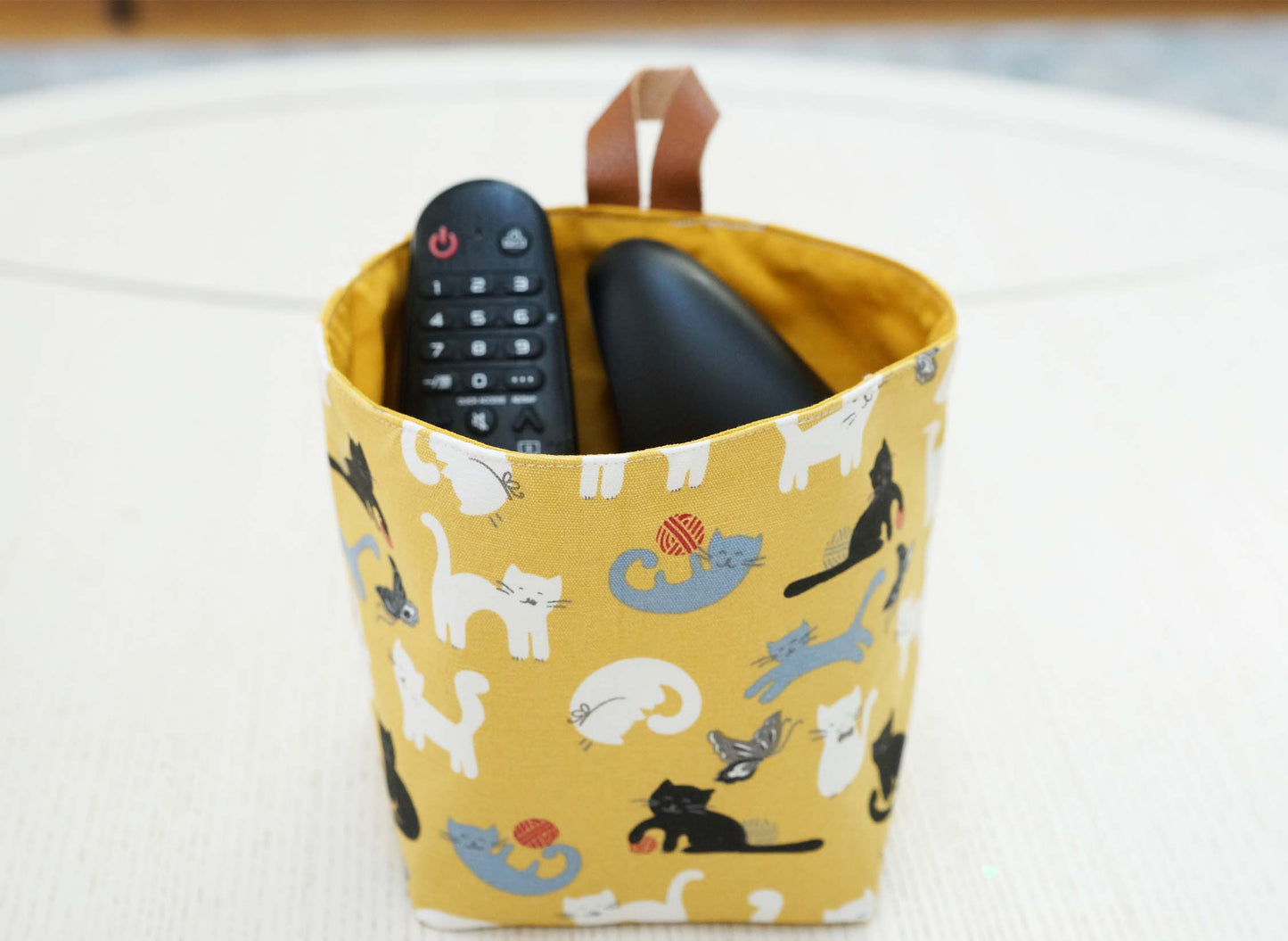 Playing Cats Fabric Basket with Leather Hang Loop