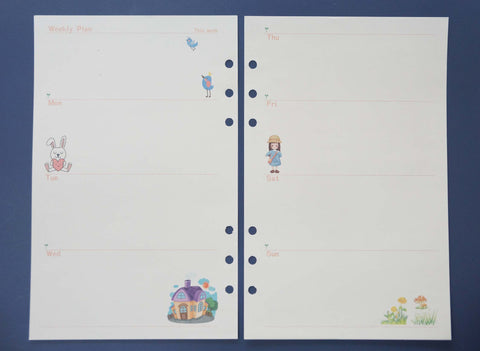Weekly A5 Printed Planner Inserts, 6-Hole Punch, 45 Sheets (90 pgs)