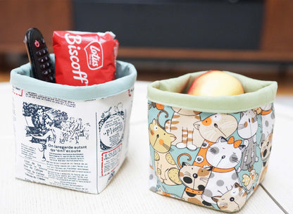 Curious Cats Fabric Basket with Leather Hang Loop