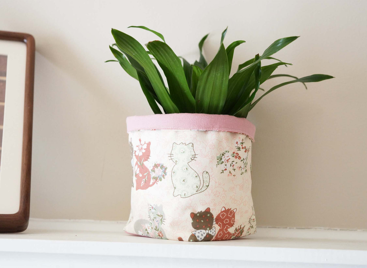 Pink Cats Fabric Basket with Leather Hang Loop