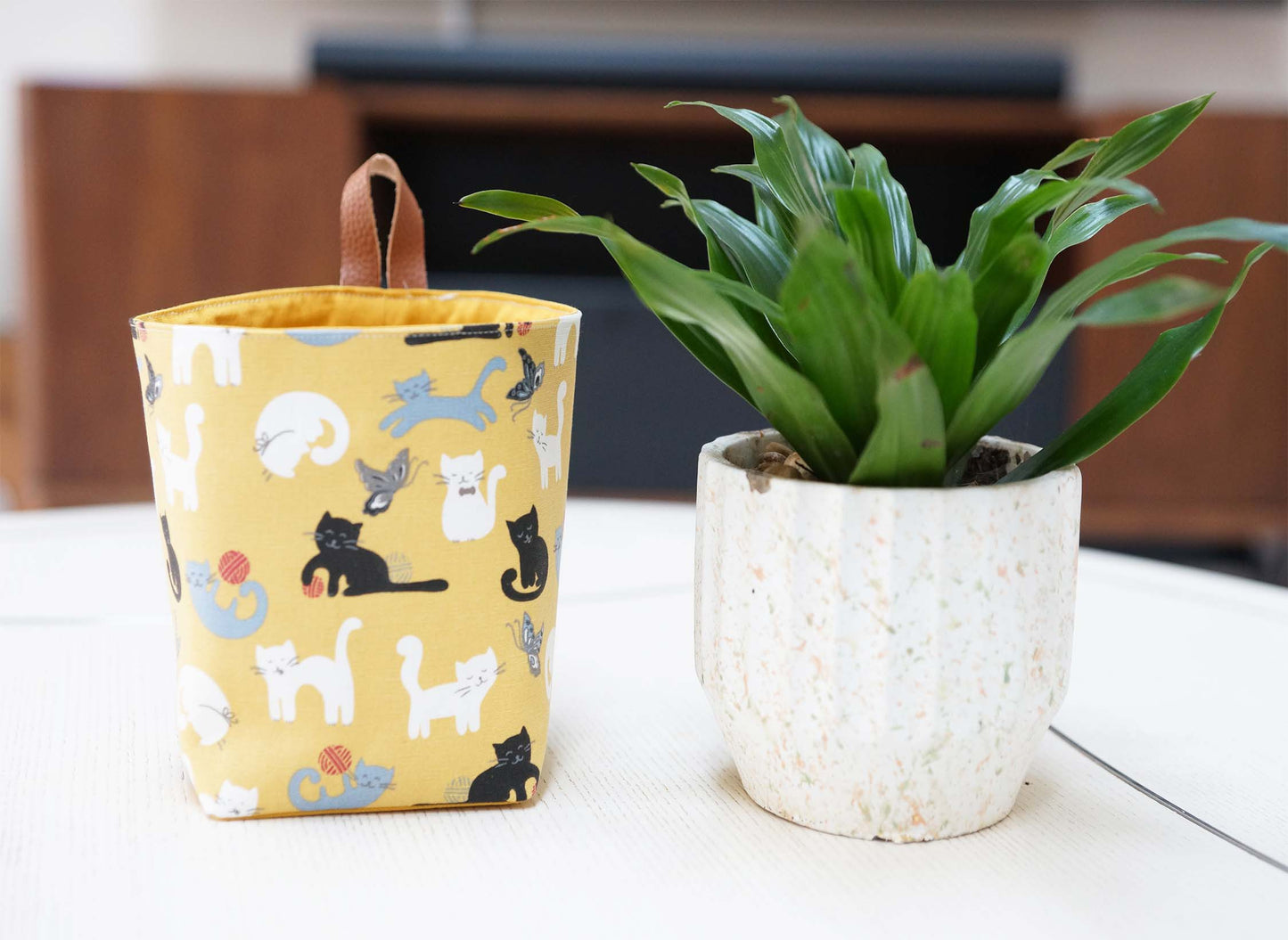 Playing Cats Fabric Basket with Leather Hang Loop