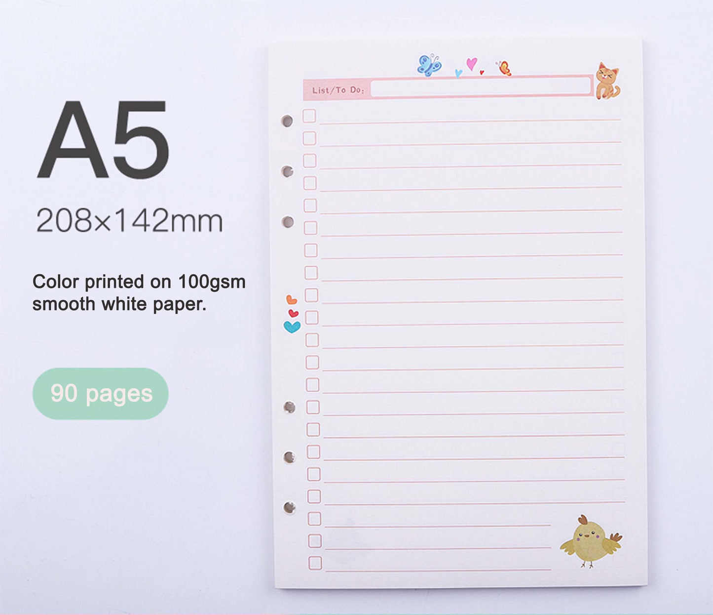 Daily To Do List A5 Printed Planner Inserts, 6-Hole Punch, 45 Sheets (90 pgs)