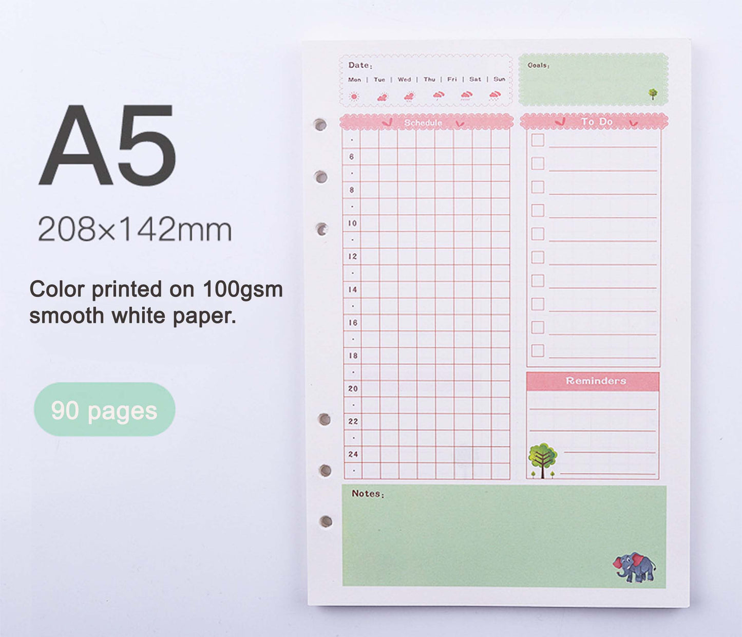 Daily Schedule A5 Printed Planner Inserts, 6-Hole Punch, 45 Sheets (90 pgs)