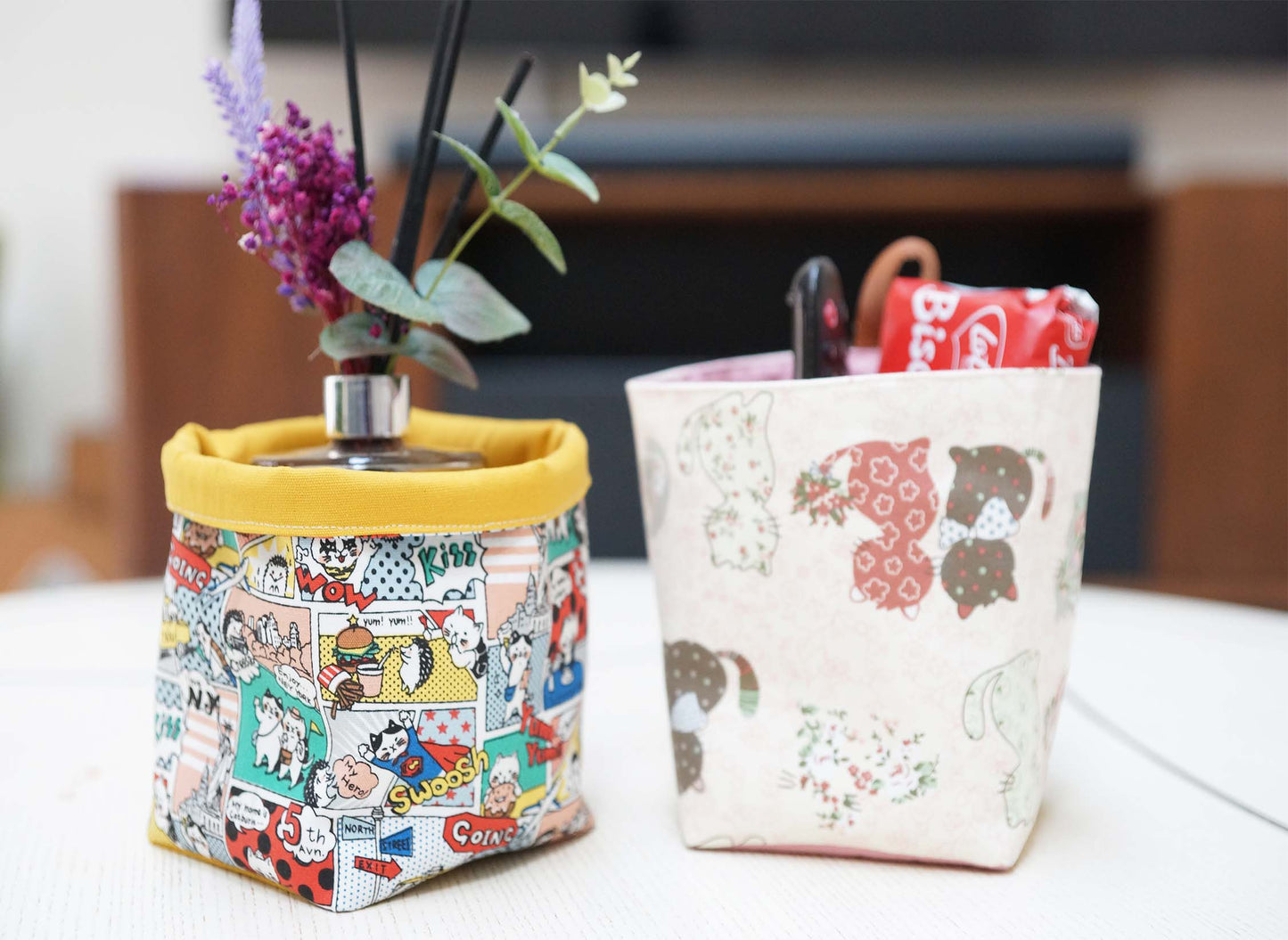 Cartoon Cats Fabric Basket with Leather Hang Loop