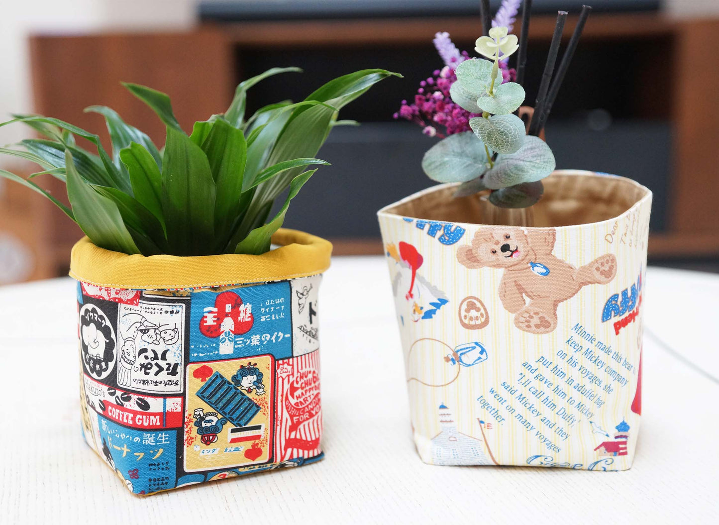 Japanese Cartoon Fabric Basket with Leather Hang Loop