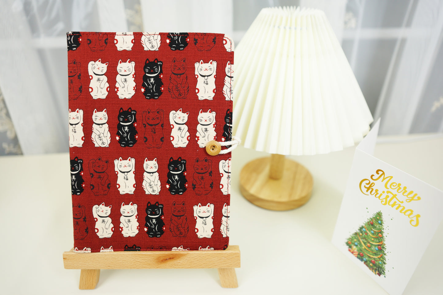 Red Lucky Cats Fabric Planner, A6 A5 6-ring Refillable Journal