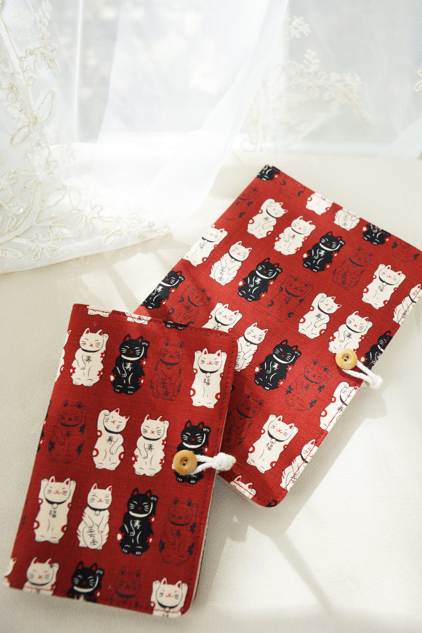 Red Lucky Cats Fabric Planner, A6 A5 6-ring Refillable Journal