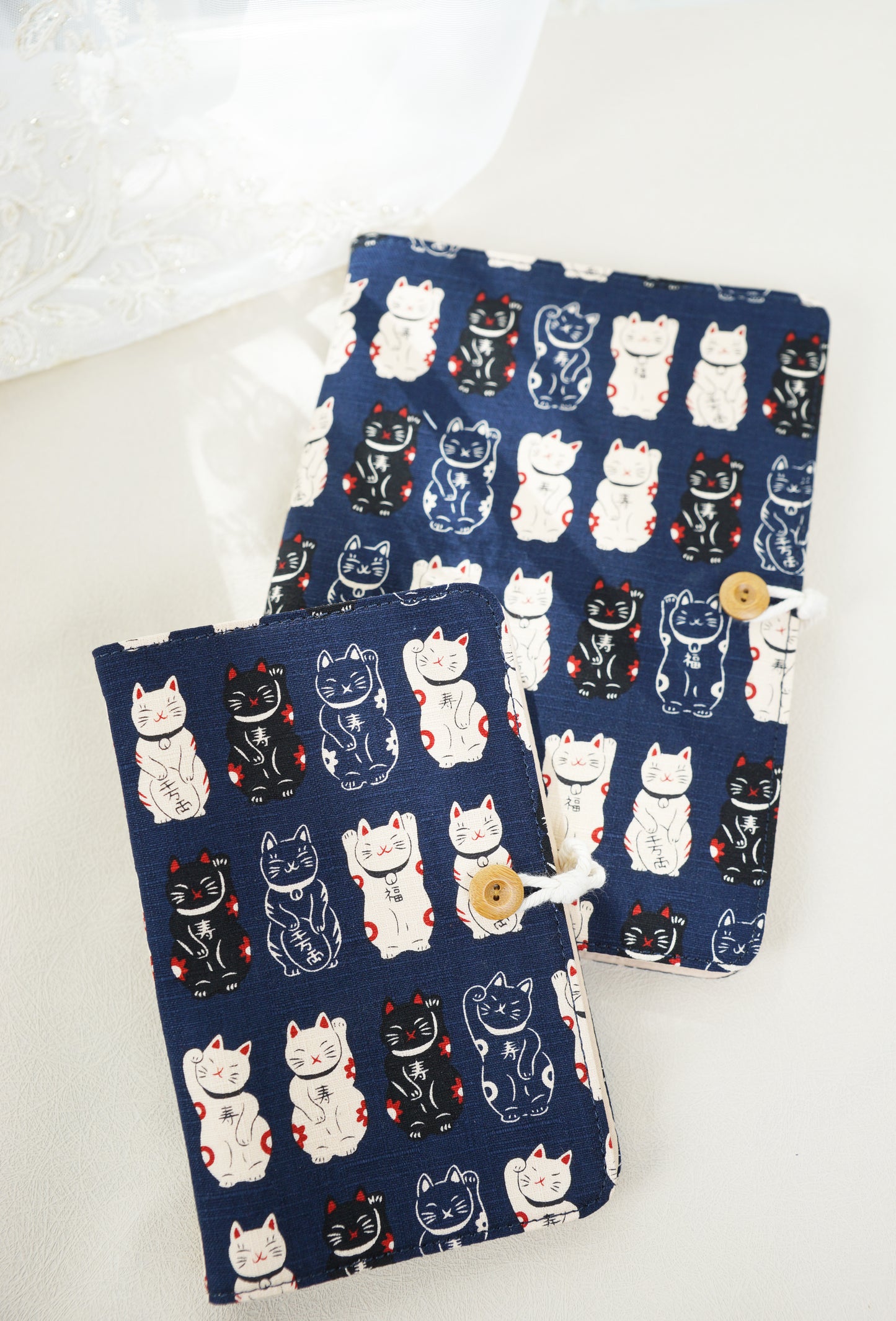 Blue Lucky Cats Fabric Planner, A6 A5 6-ring Refillable Journal