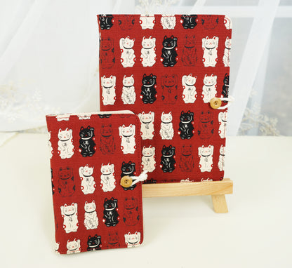 Red Lucky Cats Fabric Planner, A6 A5 6-ring Refillable Journal