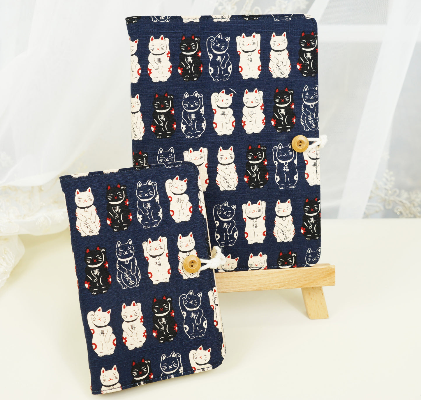 Blue Lucky Cats Fabric Planner, A6 A5 6-ring Refillable Journal