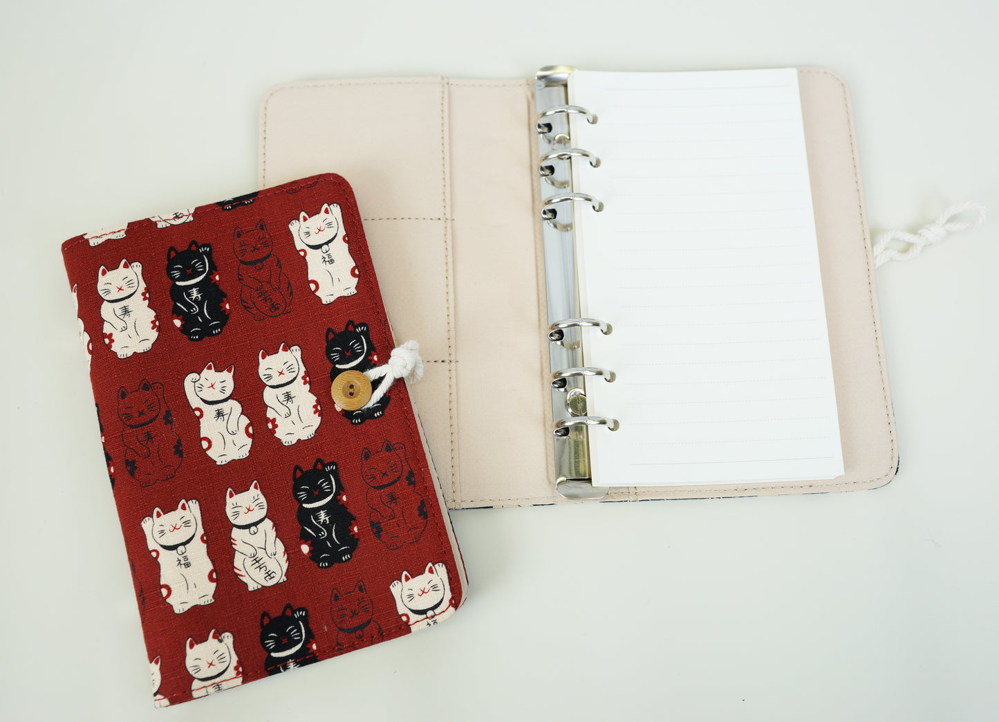 Red Lucky Cats Fabric Planner, A6 A5 6-ring Refillable Journal