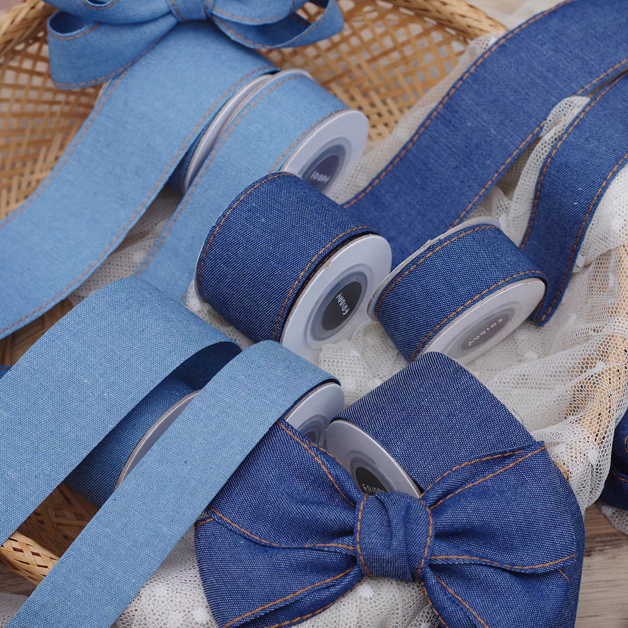 Stitched Blue Denim Ribbon – Multiple Widths