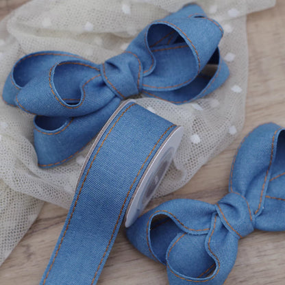 Stitched Blue Denim Ribbon – Multiple Widths